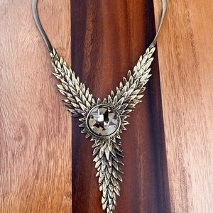 Golden 3D Leaf Necklace with large crystal in a middle on Mesh Chain